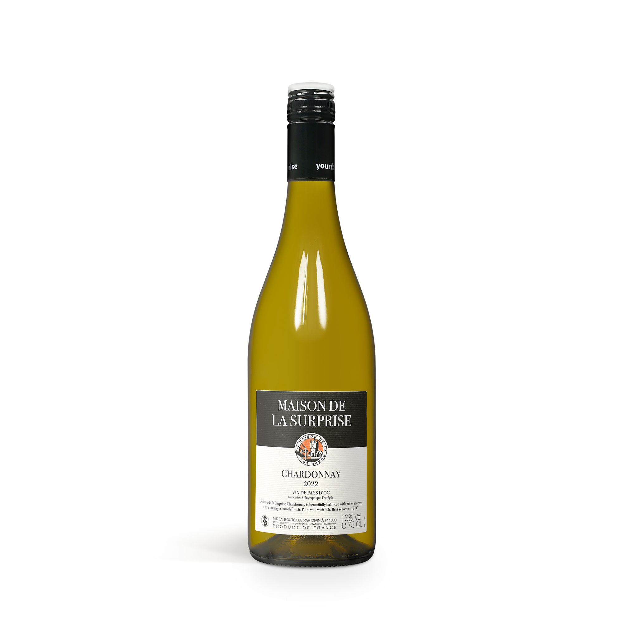 Láhev Maison de la Surprise Chardonnay víno 2022 s černou etiketou, dárek na míru