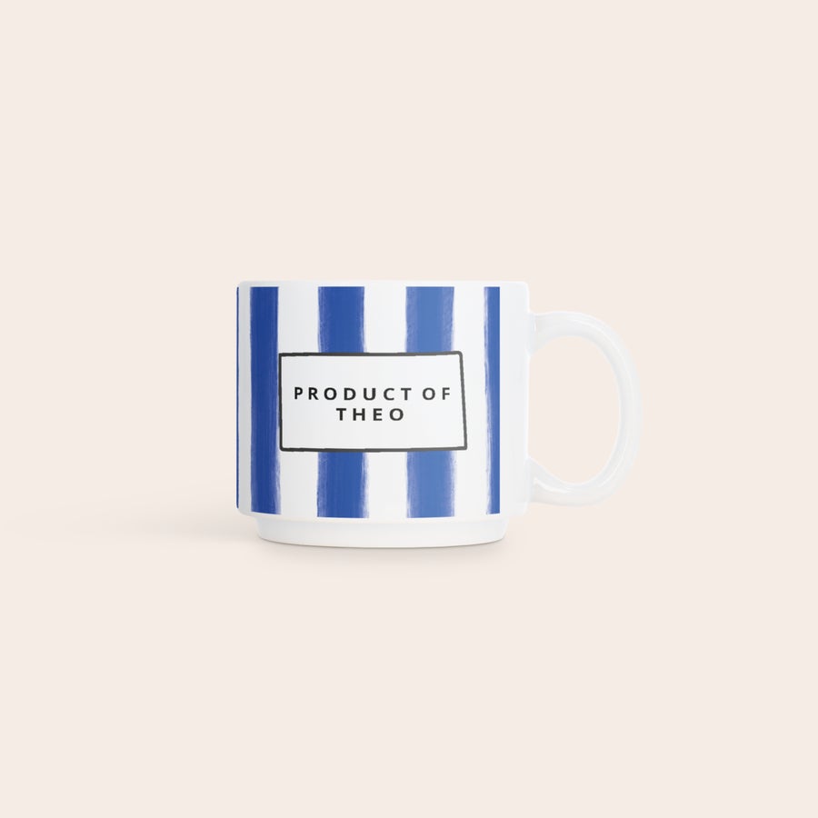 Stackable mugs with photo Personalized stackable photo mug with blue stripes and text "PRODUCT OF THEO" printed on the side
