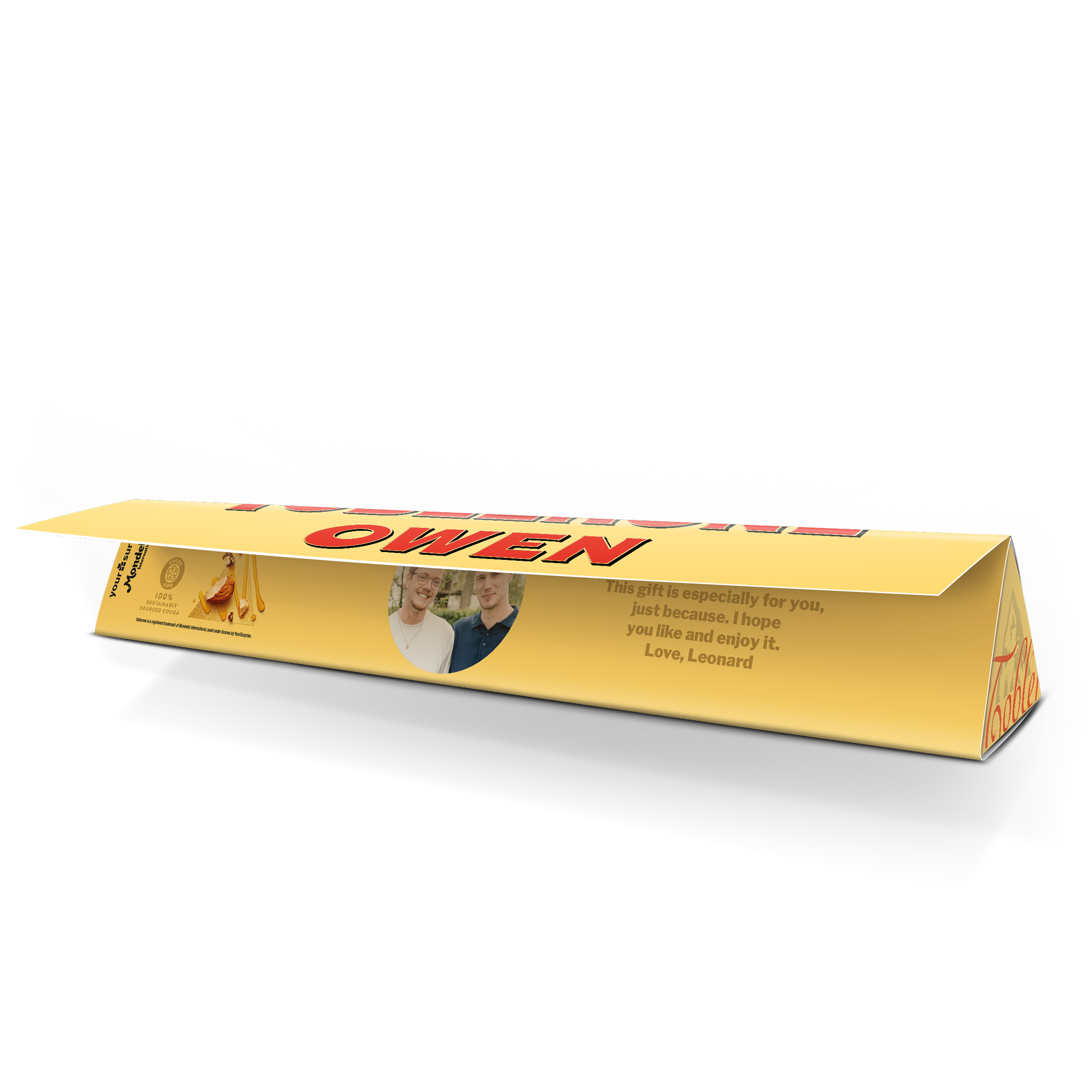Personalised Toblerone chocolate bar printed with a photo of two men, the name "Owen" and a custom message.