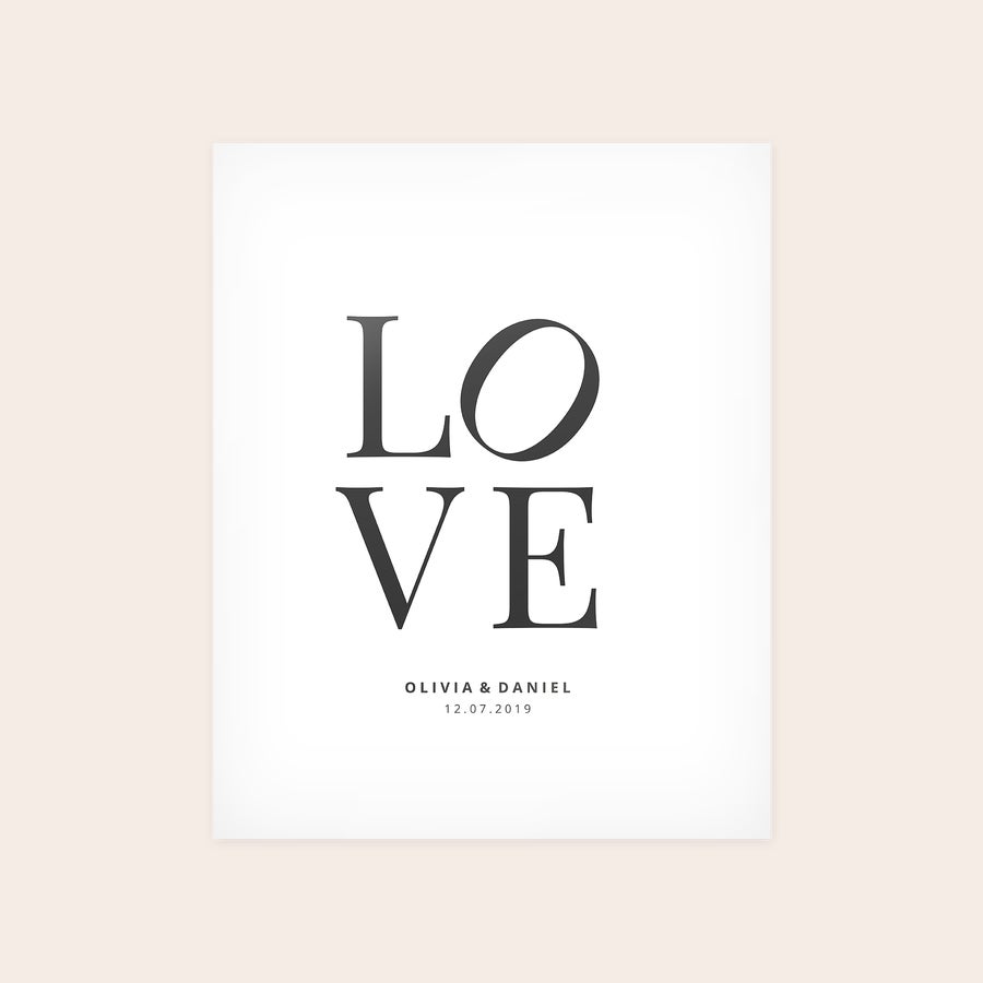 Natisni fotografije plakatov Personaliziran tiskan plakat z napisom LOVE in imeni Olivia & Daniel ter datumom 12.07.2019