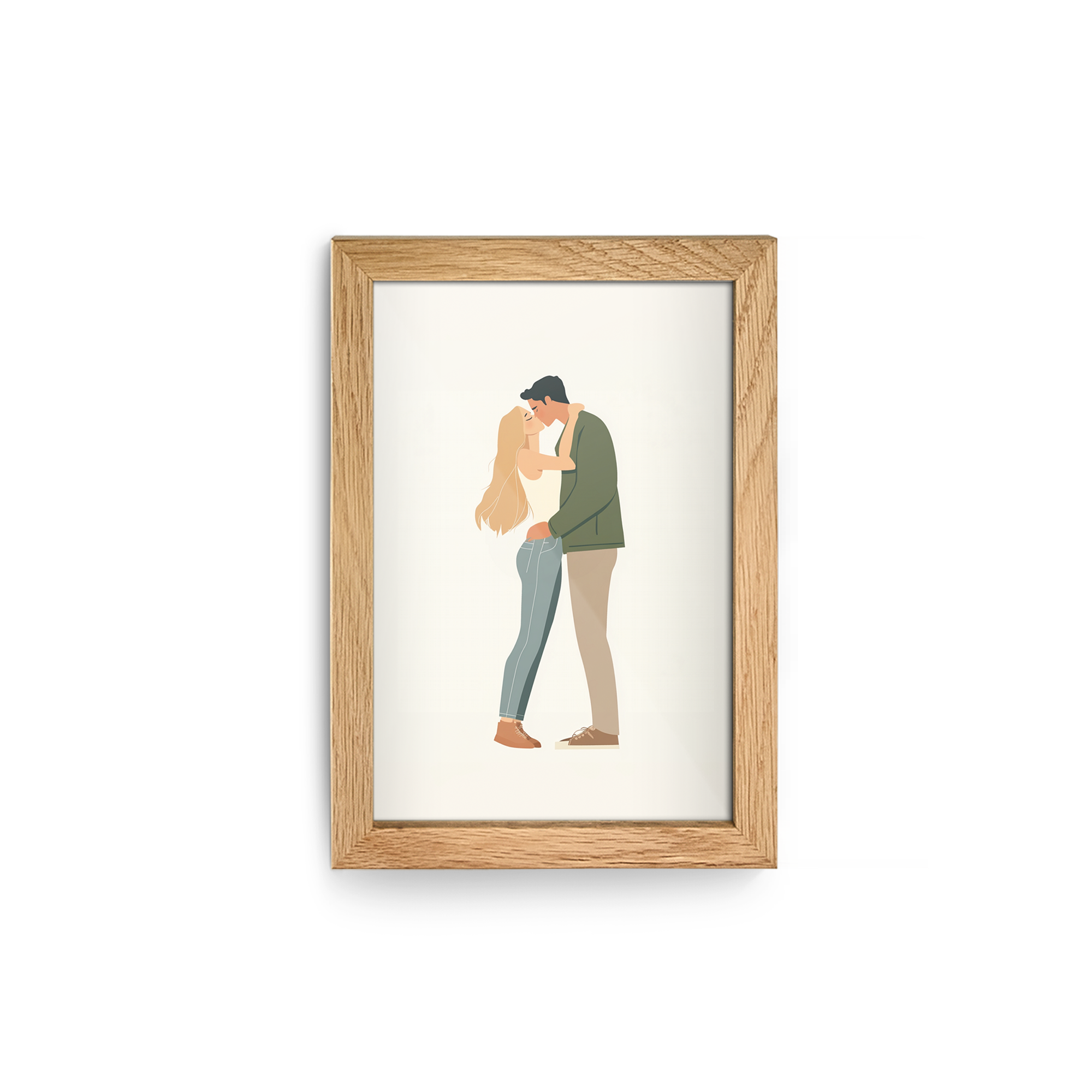 Affiche photo personnalisée encadrée en bois clair, imprimée avec illustration de couple s'embrassant, transformez votre plus beau moment photo en affiche à accrocher à votre mur comprenant un joli cadre en bois