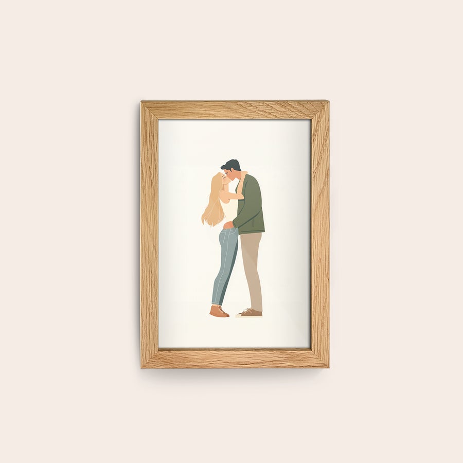 Cadre photo personnalisé Affiche photo personnalisée encadrée en bois clair, imprimée avec illustration de couple s'embrassant, transformez votre plus beau moment photo en affiche à accrocher à votre mur comprenant un joli cadre en bois