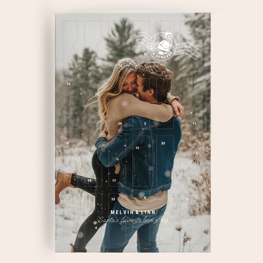 Luksuriøs smykkeoverraskelsesboks - personlig Glitrende adventskalender med personlig bilde av et par, trykt med navnene