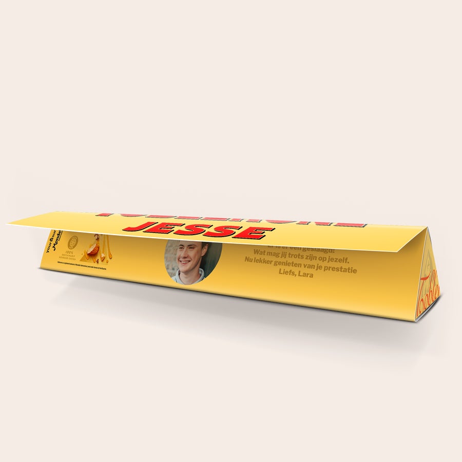 Toblerone met naam Gepersonaliseerde Toblerone chocoladereep met foto en tekst Wat mag jij trots zijn op jezelf bedrukt