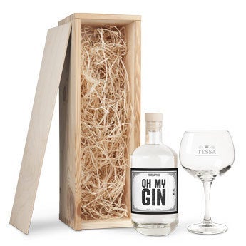 Gin in mooie houten kist of gegraveerd gin-tonic glas